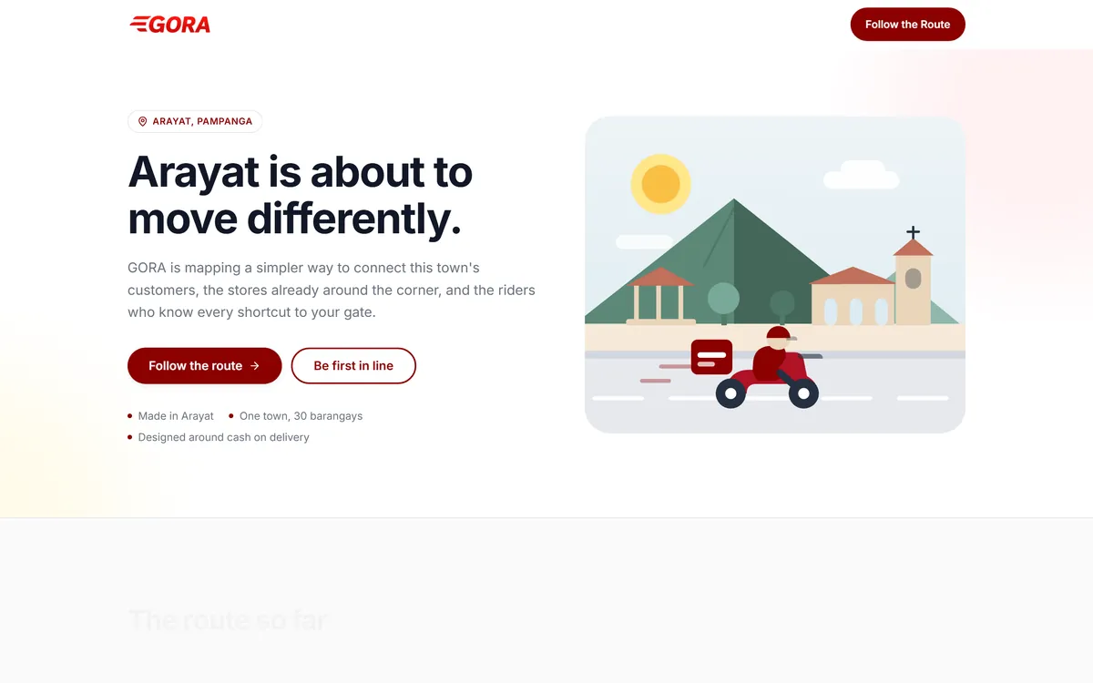 The GORA public site at goranaservices.com: a headline reading “Arayat is about to move differently”, an illustration of a delivery rider, and two call-to-action buttons.