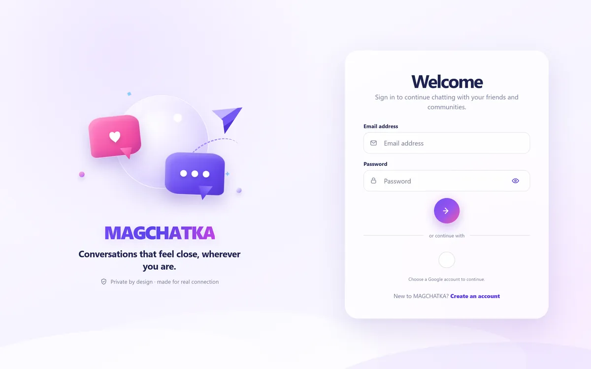 The Magchatka staging sign-in screen: the Magchatka wordmark beside chat-bubble artwork, with an email and password form and a Google sign-in option.