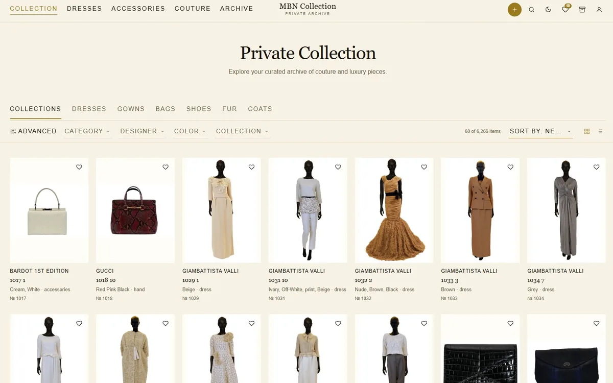 The MBN Collection archive interface: a “Private Collection” heading above category tabs, faceted filters for designer and colour, and a grid of catalogued wardrobe pieces.