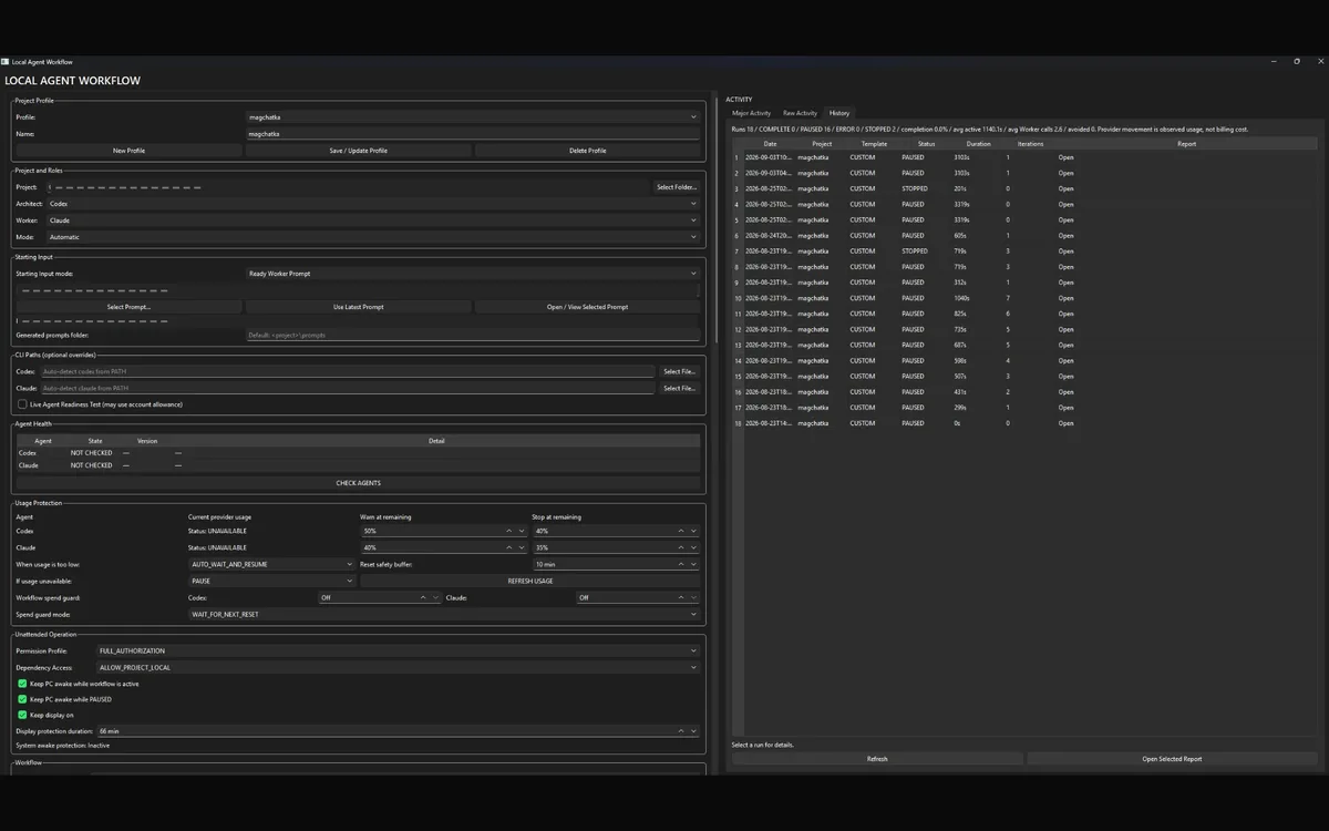 The Relay desktop application: a project profile and agent-roles panel, agent health and usage-protection settings on the left, and a run history listing eighteen completed workflow runs on the right.